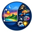 Circular icon with a dreamy landscape and creative tools like magic wand, paint palette, masked portrait, and lightbulb