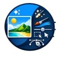 Circular icon with a beach photo and editing tools like magic wand, paintbrush, selection marquee, and pen tool