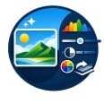 Circular icon with a photo, histogram, slider, and layered export symbols representing a photo editing workflow